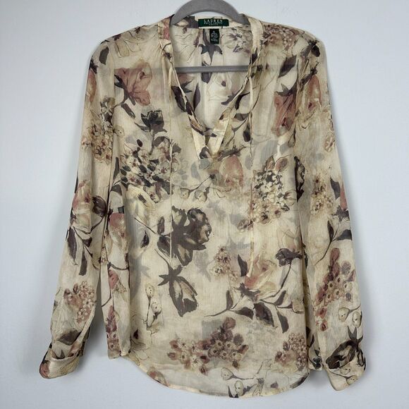 LRL Ralph Lauren Georgette Split Neck Tunic Petite L Tan Floral Sheer Fairy Boho - Picture 2 of 15